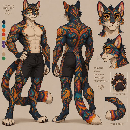 Generate me fit and muscular with noticeable definition, but not bodybuilder huge. Something like:

> A masculine anthropomorphic cat with a muscular, athletic build. He has broad shoulders, a defined chest, strong arms, a toned waist, and powerful legs, giving him a sturdy and physically fit appearance without being excessively bulky or bodybuilder-like. His proportions are naturally muscular and balanced, with visible muscle definition rather than extreme size. His feline features include pointed ears, expressive eyes, whiskers, paw-like hands and feet, and a long tail. His fur is covered in intricate alebrije-inspired patterns, featuring vibrant colors, swirling shapes, decorative markings, and fantastical motifs reminiscent of traditional Mexican folk art. The overall design is colorful, detailed, masculine, athletic, and whimsical.