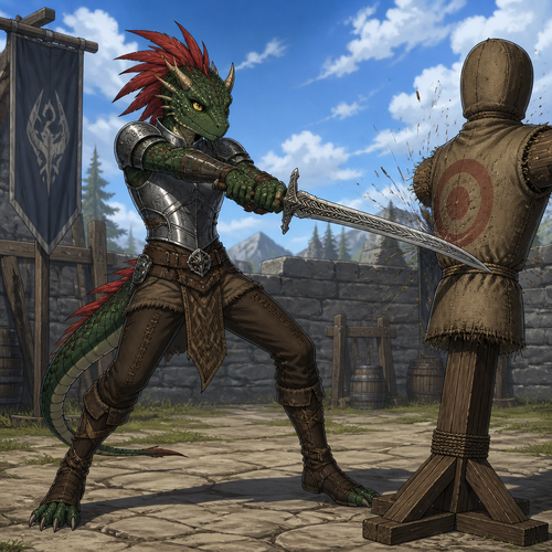 A young male dark green Argonian wearing a metal chest plate, hide pants, leather adventuring boots, two spike horns coming out of both sides of his forehead, and red feathers coming out the top and back of his head. He is attacking a practice dummy with intricately designed sword. Anime art style, solo, full body.