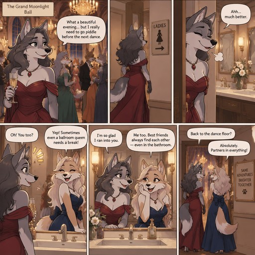 A multi panel comic about a female anthropomorphic wolf who is in a ballroom and leaves to go piddle and runs into her best friend in the bathroom, animated style