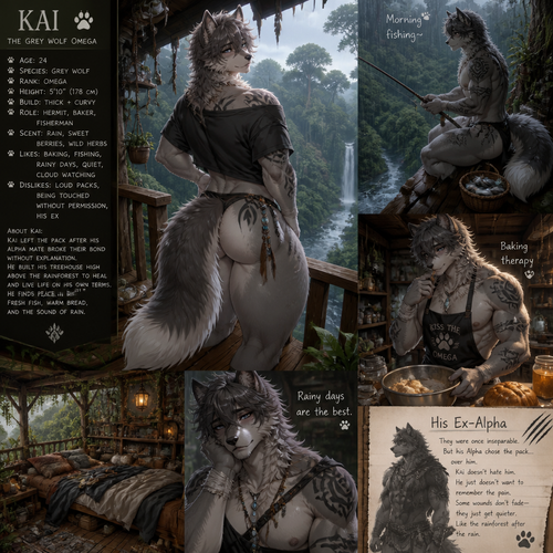 A well-made femboy grown male character, a tribal grey wolf omega that has thick thighs, wide hips, and big fuzzy butt also has fluffy neck included bushy tail who lives on top of a treehouse alone who also likes to go fishing and baking while in a middle of a rain forest from above who also an alpha male’s ex-mate.