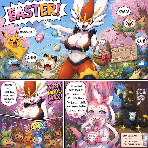 A busty well-made fluffy female Pokemon character, Cinderace. Who celebrates on today’s Easter Day and shouts, EASTER! And wrecking up a place like a crazy party gal while she knocked other terrified Pokemon by throwing eggs at them but A cute but creepy but a gay male Sylveon just as sad and irritating about being ignored by a male Umbreon while eating a healthy yogurt distracted and appreciated. All well-made characters. A dramatic and a funny comedy show. A comic views. Spring season. No mistakes.