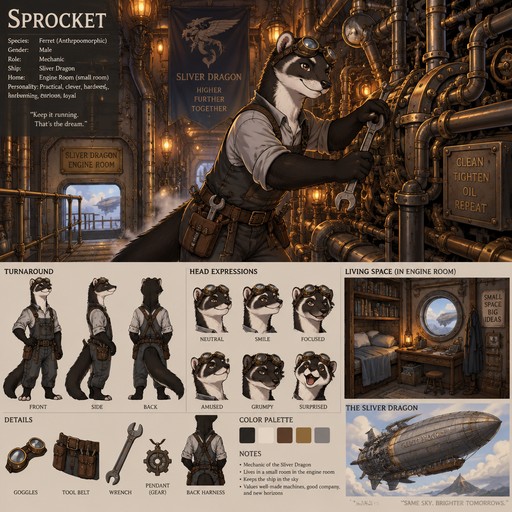 A male anthropomorphic ferret named Sprocket that has black fur and a white underbelly, is the mechanic on a steampunk airship named the “Sliver Dragon”, working on the engine, is in the ship’s engine room, lives in a small room with a window in the engine room, reference sheet, one big picture
