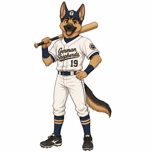 A young male German shepherd wearing a baseball uniform. Anime art style, solo, full body.