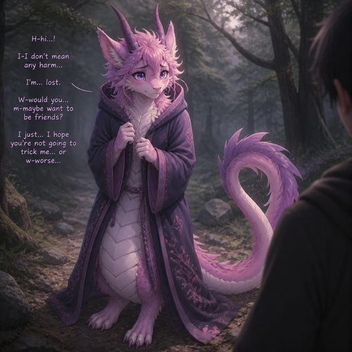 A well-made shy grown femboy pink and purple furred male character, a anthro Lung dragon that wears a robe with a hoodie who came out of nowhere in a forest and lost but also sees a human and wonder if like to be friends and hoped for not being tricked or worse.