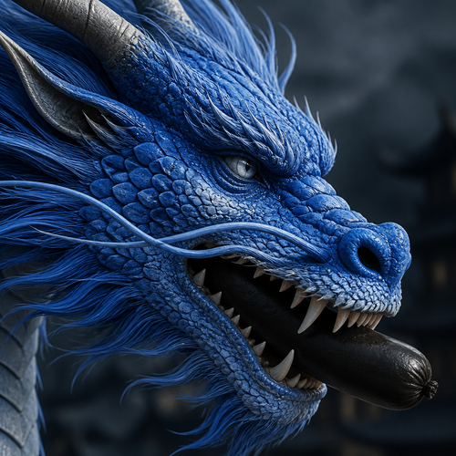 blue chinese dragon.face close-up.black sausage biting.side-view.