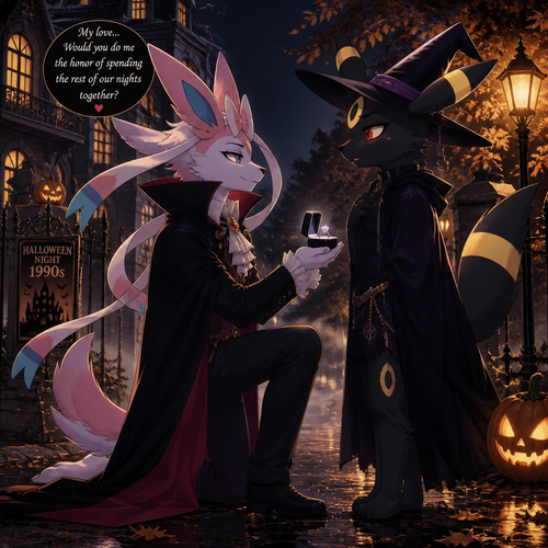 In this anthropomorphic verse on a Halloween night, a wealthy grown queer Sylveon male (the Barron who dressed as a gay vampire) who spent many days with his boyfriend (a non-rich grown mature Umbreon male dresses as a witch) while finally asking to marry him to show affection. A well-made animated version. A spooky and scary holiday on October autumn. A modern society year 1990s. Side view.