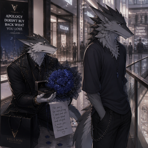 An arrogant billionaire male Sergal who brought gifts and flowers for an apology for the things he did/said by regret while begging forgiveness to an ex-boyfriend male Sergal that wears a necklace who’s not rich enough yet unhappy mood while looking away at the mall. A sad ending anime.