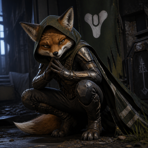 A young male fox squatting and scheming. Wearing Hunter armor from Destiny 2.