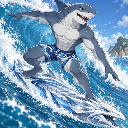 A anthropomorphic male great white shark wearing tight ocean themed swim trunks. He is surfing in the ocean on a blue eyes white dragon surfboard. Anime art style, solo, full body.