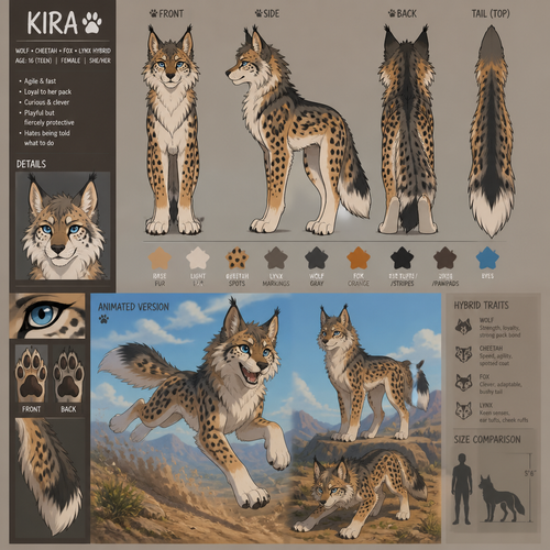 A teenage female wolf cheetah fox and lynx hybrid, has lynx cheek ruffs, reference sheet, animated version 