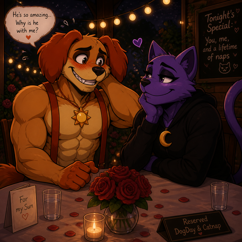 DogDay, a well-made grown anthro smiling critter (a leader of the smiling critters) with buff body and nervous about on a romantic date with his boyfriend, Catnap (the smiling critter and has eyeliner). 