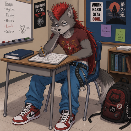 A middle school aged male grey wolf wearing blue jeans with an unbuckled belt, tight maroon shirt with a superhero in it, red sneakers, and a red Mohawk hairstyle with the hair in the back going to the small of his back. He is sitting at a desk bored doodling in his notebook. Anime art style, full body.