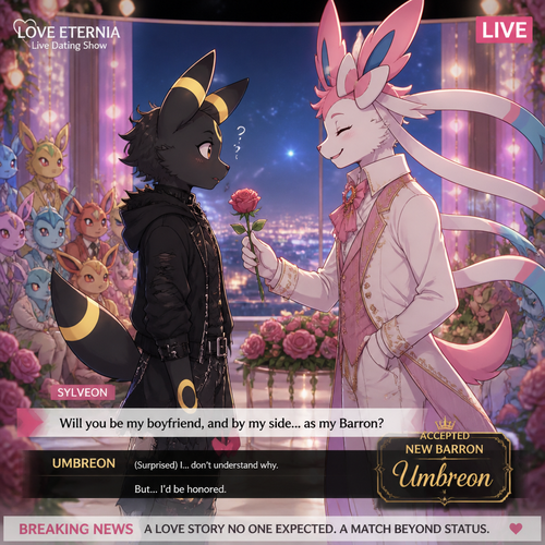 In a dating reality show on live (a well-made animated version) a non-rich half gothic grown Umbreon male is surprisingly unbelievably been accepted to become a boyfriend to this super rich grown Sylveon male as a Barron for not understanding why and doesn’t mind to lose. In an anthropomorphic Pokemon universe. Never asks and want to be there but been gifted. A good ending. Side view. All well-made characters. A modern present day. Been asked on a date.
