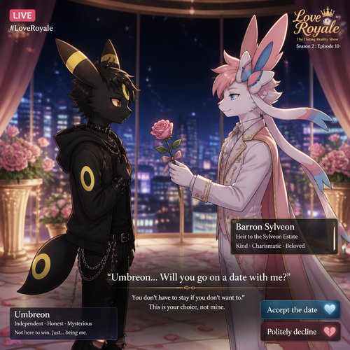 In a dating reality show on live (a well-made animated version) a non-rich half gothic grown Umbreon male is surprisingly unbelievably been accepted to become a boyfriend to this super rich kind grown Sylveon male (the Barron) for not understanding why that doesn’t mind to lose and leave. In an anthropomorphic Pokemon universe. Never asks and want to be there but been gifted. A good ending. Side view. All well-made characters. A modern present day. Been asked on a date. Decides wisely to accept or reject.
