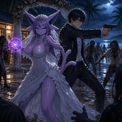 In this reality, at the wedding right before everything was perfect and then after the zombies crashed the party. A busty adult female anthro Espeon the bride and her human groom as husband and wife stand together and face the living dead at night. A well-made anime version. A modern life. On a tropical island. Gotten all wet by the rain.