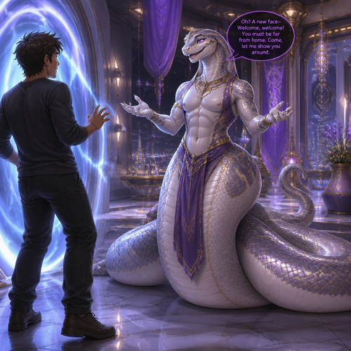 A well-made friendly grown femboy male snake from somewhere in the sci-fi palace that wears something and has thick thighs, wide hips, and a long tail who’s happily greeted a nervous grown human being that came from a portal.