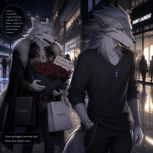 An arrogant billionaire male Sergal who brought gifts and flowers for an apology for the things he did/said by regret while begging forgiveness to an ex-boyfriend male Sergal that wears a necklace who’s not rich enough yet unhappy mood while looking away to ignore while walking away at the mall. A sad ending anime.