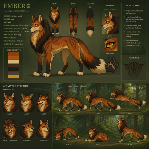 A male quadruped fox lion hybrid that lives in the forest, reference sheet, animated version 