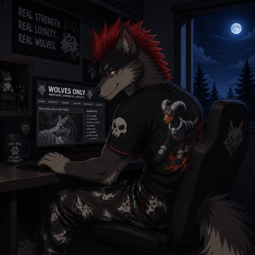 A young male dire wolf wearing mightyena theme pajama pants and houndoom theme shirt, has a red mohawk hairstyle. Sitting at a computer desk browsing a male wolves only website. Next to the desk built into the wall is a window showing its nighttime outside. Anime art style.