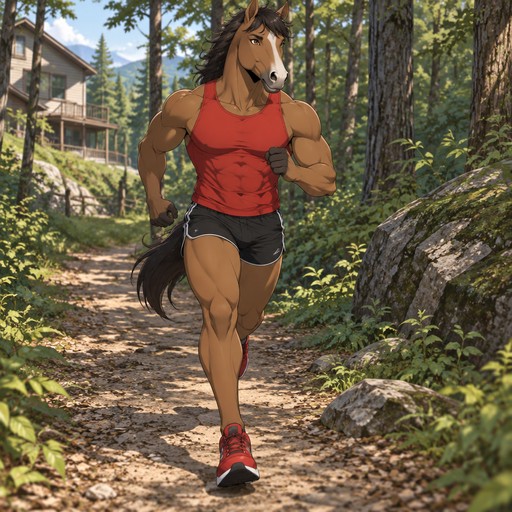 A male mustang wearing tight black short shorts, tight red muscle shirt, and red running shoes. Running along a forest trail located behind his house. Anime art style, solo, full body.