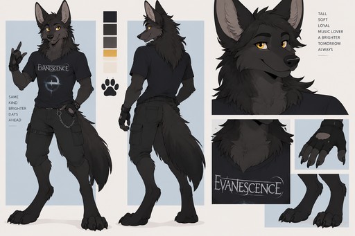 male, maned wolf, black fur, Gold eyes, digitigrade footpaws, black Evanescence shirt, black pants, fingerless black gloves, chest fluff sticking out of neck of shirt