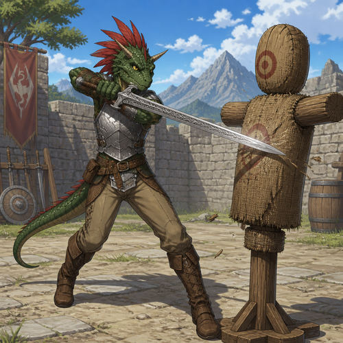 A young male dark green Argonian wearing a metal chest plate, hide pants, leather adventuring boots, two spike horns coming out of both sides of his forehead, and red feathers coming out the top and back of his head. He is attacking a practice dummy with intricately designed sword. Anime art style, solo, full body.