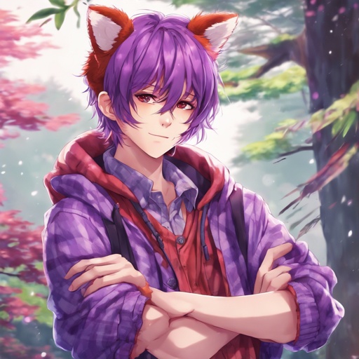 Cute feminine guy wearing feminine clothing and has redpanda tail and ears also purple flannel 