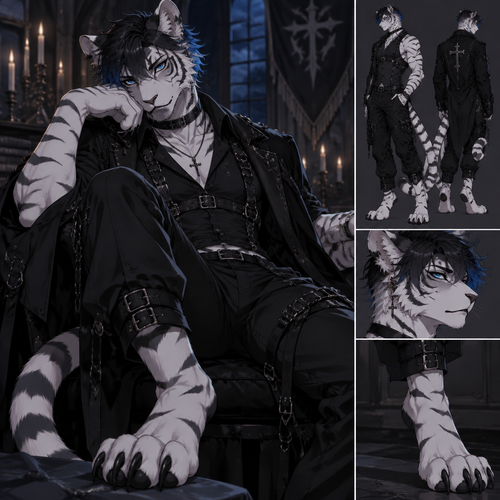 male white tiger, , blue eyes, short black hair with blue tips, digitigrade feet, anime style, goth

