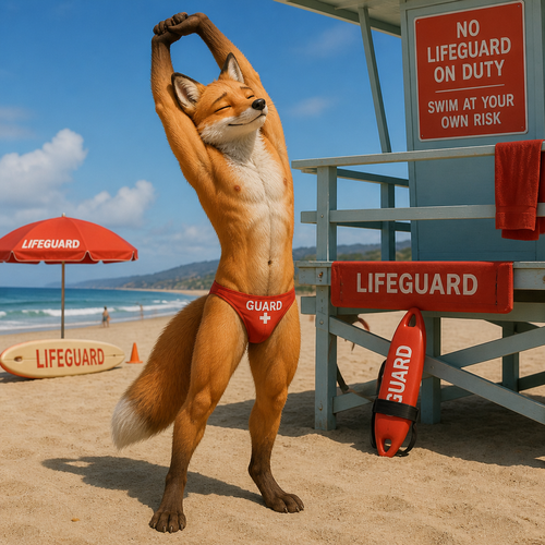 A young male fox stretching from a hard days work. He is a lifeguard at a beach. Wearing a Speedo and no shirt. Full body.