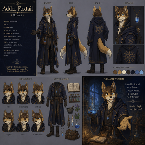 A male alchemist anthropomorphic dog fox in his early twenties named “Adder Foxtail” in a dark blue robe, is nice and is ready for a apprentice to train, reference sheet, animated version 