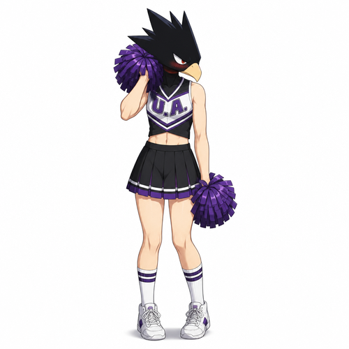 Tokoyami Fumikage wearing a cheerleading uniform. He is blushing. Solo full body