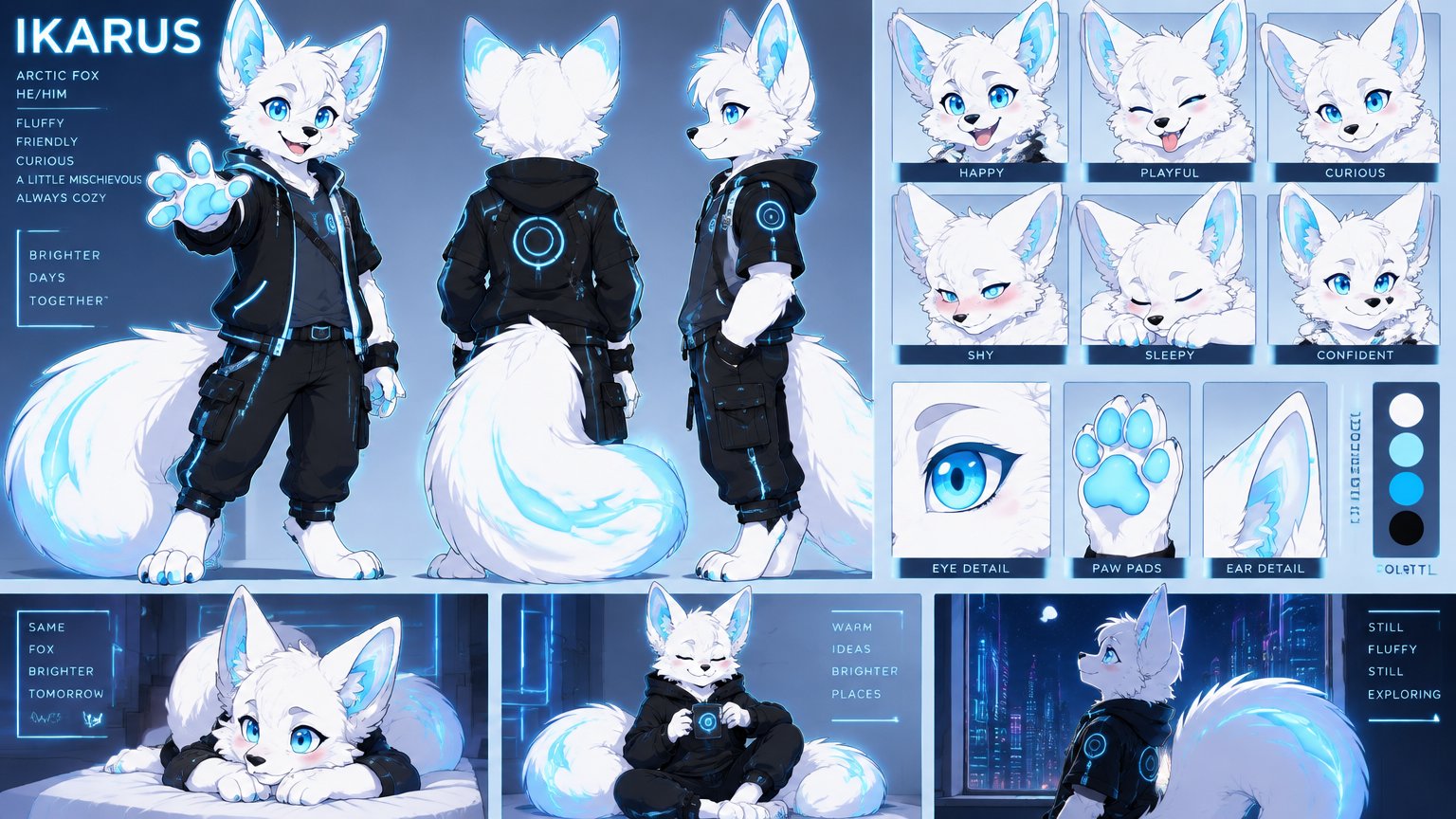Character Name: Ikarus
Species: Anthropomorphic arctic fox.
Overall Concept: A handsome, fluffy white fox with a futuristic cyberpunk aesthetic inspired by TRON. His design combines the softness and warmth of an arctic fox with sleek black techwear and luminous electric-blue accents. He should look approachable, expressive, cozy, and slightly futuristic rather than mechanical or intimidating.
Fur and Colors:
Ikarus has beautiful, pristine snow-white fur covering his entire body. His fur contains absolutely no black markings, dark patches, gray markings, or other dark-colored fur. His only non-white fur coloration consists of electric-blue and icy-cyan highlights that glow subtly like futuristic circuitry.
The blue markings flow naturally along his body, particularly around the edges of his ears, forearms, paws, and enormous tail. The markings resemble luminous TRON-style energy lines embedded in his fur. They should look sleek, elegant, and integrated into his natural appearance rather than resembling painted stripes or tattoos.
His primary colors are pure white, electric blue, and icy cyan. Black is reserved exclusively for clothing and accessories, never his fur.
Face and Expression:
Ikarus has a cute, handsome fox face with a soft muzzle, a small black nose, expressive eyes, and a friendly, slightly mischievous personality. His eyes should be vivid icy blue or electric cyan, complementing his glowing markings.
His expressions are highly expressive and endearing. He can look playful, shy, sleepy, relaxed, curious, or quietly confident. His face should retain distinctly foxlike features rather than resembling a wolf.
Ears:
One of Ikarus’s defining features is his exceptionally large, fluffy, expressive fox ears. They are noticeably oversized relative to his head, with pristine white fur and subtle electric-blue accents around their edges and inner fur.
His ears should feel soft, plush, and highly expressive. They are an important part of his silhouette and