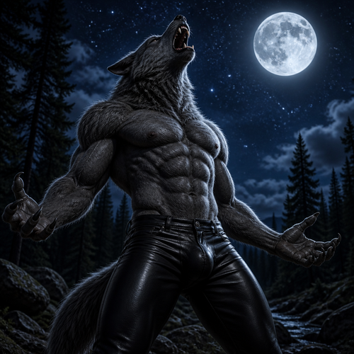 Male grey werewolf wearing black leather pants. Has a big bulge. It is nighttime in a forest with a full moon in the night sky with stars brightly shining in the sky. The werewolf is howling at the moon.