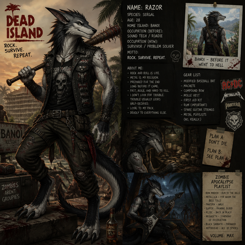 A well-made adult Sergal character that loves rock and roll and metal who’s been preparing on a zombie apocalypse, Dead Island.
