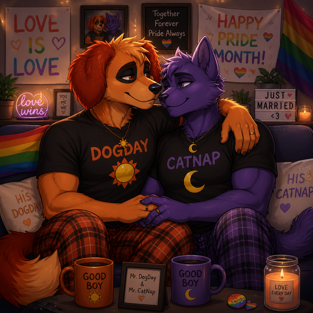 A anthropomorphic smiling critters verse. Both anthro DogDay and Catnap are both boyfriends living together and married. Sits together on a sofa. Today’s pride month. Both grownups. Animated art version. Looking at each other in wholesome. Yaoi.