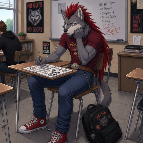 A high school aged male grey wolf wearing blue jeans with leather belt that has a cowboy belt buckle, tight maroon shirt with a superhero in it, red sneakers, and a red Mohawk hairstyle with the hair in the back going to the small of his back. He is sitting at a desk bored doodling in his notebook. Anime art style, full body.