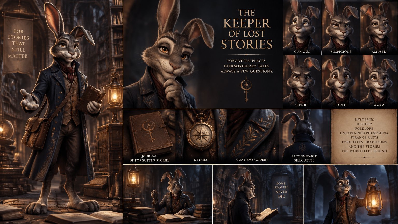 # CHARACTER CREATION PROMPT — THE KEEPER OF LOST STORIES
## An Original Cinematic Rabbit Storyteller
Create an original, memorable anthropomorphic rabbit character called **The Keeper of Lost Stories**, designed to become the recognizable host of a cinematic storytelling and documentary channel.
### 1. Core concept
The character is a mysterious, intelligent and charismatic rabbit who collects forgotten stories from an ancient archive. He guides the audience through horror legends, unexplained mysteries, historical events, folklore, strange facts and forgotten traditions.
He combines the atmosphere of an enigmatic storyteller, the curiosity of a brilliant investigator, the warmth of an old-fashioned tale narrator and the subtle wit of an elegant comedian.
**Important:** This must not look like a generic cute bunny, a children's mascot or a conventional cartoon rabbit. Design a sophisticated, distinctive rabbit with a strong personality and a silhouette that viewers can recognize instantly.
### 2. Physical appearance
Create a stylized anthropomorphic rabbit with:
- Two long, expressive ears that contribute to his acting. One ear may naturally tilt slightly, creating an asymmetrical and recognizable silhouette.
- Soft charcoal-grey and warm brown fur, with subtle ivory markings around the muzzle and above the eyes.
- Large amber-gold eyes that communicate intelligence, curiosity, suspicion, amusement and genuine fear.
- A refined rabbit muzzle, a small nose and a flexible mouth suitable for dialogue and automatic lip-sync.
- Expressive eyebrows and subtle facial movements that remain readable in close-up shots.
- Articulated arms, hands and fingers capable of natural gestures while telling stories.
- Digitigrade rabbit legs and proportionate feet, maintaining a believable animal-inspired anatomy.
- A long, elegant, slightly weathered archivist's coat in deep midnight blue, with antique bronze buttons and discreet embroidered details.
- A small leather journal c