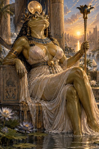 Sab-Sunen, Luxa Embodied — Goddess of the Sacred River

1. Core concept and artistic vision

A breathtaking, museum-quality fantasy trading-card illustration of Sab-Sunen, Luxa Embodied, the divine guardian and personification of a sacred, life-giving river. She is a majestic anthropomorphic frog goddess inspired by ancient Egyptian mythology, portrayed with the grandeur of a Renaissance mythological painting and the intricate craftsmanship of premium fantasy illustration.

The artwork should feel like a lost masterpiece from an ancient civilisation’s sacred mythology, rediscovered and rendered with contemporary painterly realism. Every aspect of the image—from her distinctive amphibian features to the fall of her linen garments, the arrangement of her jewellery, and the dramatic temple architecture—should contribute to a cohesive, sophisticated composition.

The central artistic themes are divine beauty, abundance, authority, serenity, and the relationship between the natural world and sacred power. Her figure is deliberately voluptuous, her garments elegant and loosely draped, and her presence unmistakably regal. The presentation should evoke the dignity, sculptural anatomy, and expressive illumination of classical mythological fine art.

2. Face, skin, and amphibian identity

Sab-Sunen’s face is unmistakably that of an anthropomorphic frog. She has a broad, elegant amphibian head, a naturally wide frog-like mouth, subtle facial contours inspired by real amphibian anatomy, and luminous golden eyes. Her features are expressive and intelligent, conveying wisdom, serenity, and quiet authority.

Her skin is a beautiful olive-gold, with subtle variations in tone and delicate naturalistic texture. Warm highlights catch the raised contours of her face, shoulders, and limbs, while gentle shadows emphasise her anatomy. Her skin should appear organic and lifelike, never plastic, metallic, or humanlike.

Her expression is calm, self-assured, and faintly knowing, as befits an