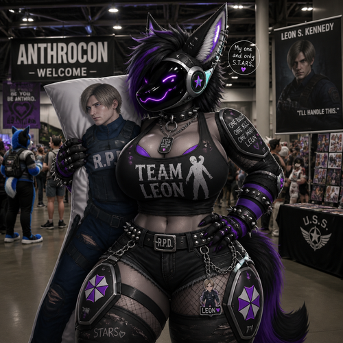 A busty tomboy Protogen (a well-made female character) a big fan of Leon Kennedy in Resident Evil saga. Has thigh thiccness. A punk. Carrying a body pillow. Inside a Anthro Convention Center.
