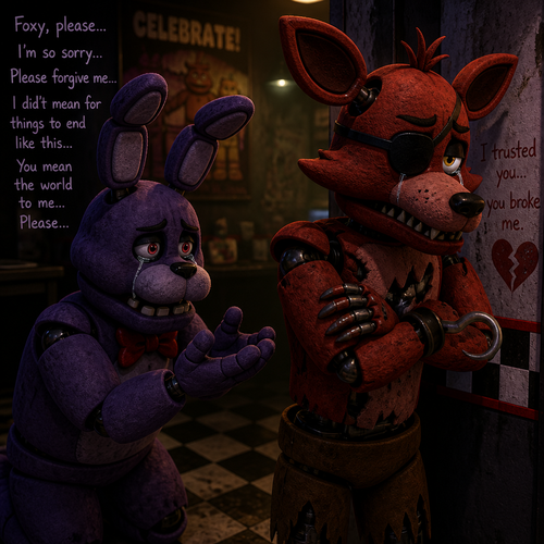 In FNAF verse, Bonnie the bunny tries and begging for an apology for his best friend Foxy the pirate fox, but Foxy looks away and ignoring with feelings hurt and tears with anger and a heart broken.