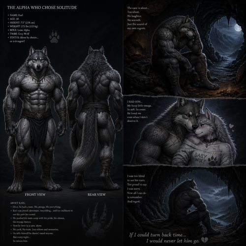 The well-made big and buff alpha male grey wolf tribe at front/rear view who lives in a cave all alone with no pack and misses his ex-mate (a grown fuzzy male femboy omega grey wolf tribe) sadly depressed and have regrets.