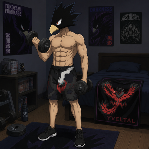 Tokoyami Fumikage wearing Darkrai themed shorts, shirtless showing off 16 pack of abs, and black tennis shoes. He is in his bedroom lifting weights. On his bed is a Yveltal towel. Anime style, solo, full body.