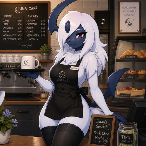 A female anthro Absol, who’s working at the cafe with an apron on, and having a not too bad day. Well-made Animated version. Wears eyeliner and has thigh highs.