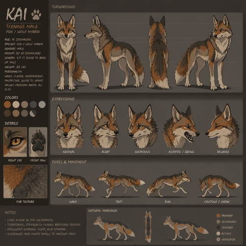 A teenage male fox and wolf hybrid that lives in the wild, quadruped, reference sheet, animated version 