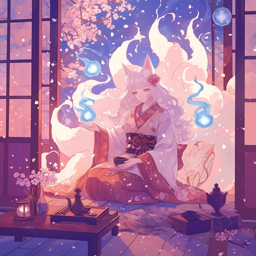 Illustrate a mystical nine-tailed kitsune fox spirit in traditional Japanese attire, performing an elaborate tea ceremony in a tranquil zen garden, with ghostly fox-fire orbs floating around and cherry blossoms gently falling. --niji 6