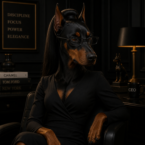 Dobermann with a slicked back high ponytail and rectangular glasses in a black dress