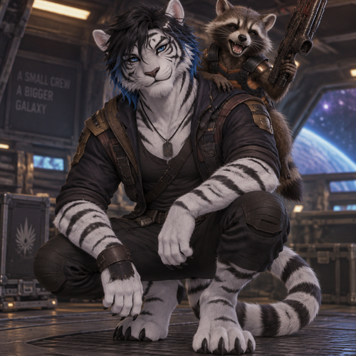Male, anthro white tiger, digitigrade footpaws, thick black hair with blue tips, blue eyes, Rocket Racoon sitting on shoulder