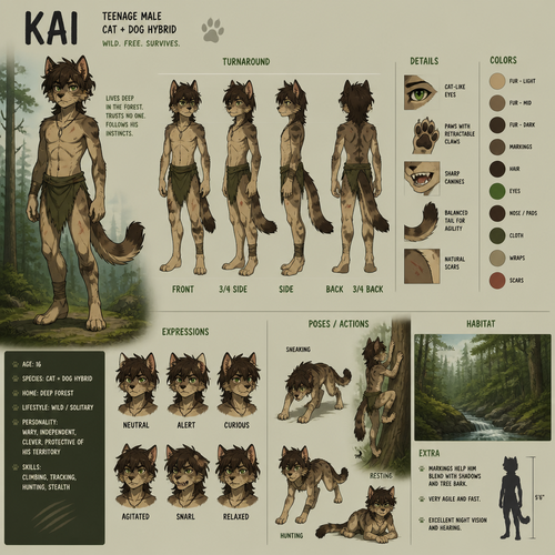 A teenage male anthropomorphic cat and dog hybrid who lives in the forest as a wild animal, reference sheet, animated version 