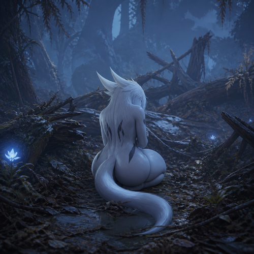 Ori (a well-made anthro character) in the blind forest. Has thick thighs and buttocks. Has long tail. Looks depressed and alone. Back view. Collapse trees and leaves on a ground. 