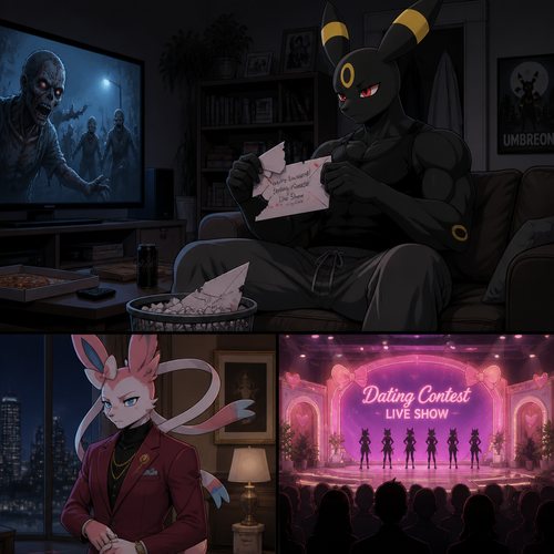 In a anthro Pokemon universe. A grown non-rich Umbreon male who lives in a apartment alone who’s ripped the envelope that says; your invited to dating contest live show; from the grown wealthy Sylveon male (the Barron) and then put it on a trash while continues to watch a zombie horror movie on television, while the Barron feels something is not right and didn’t shown while the live show starts. A well-made animated modern life version.
